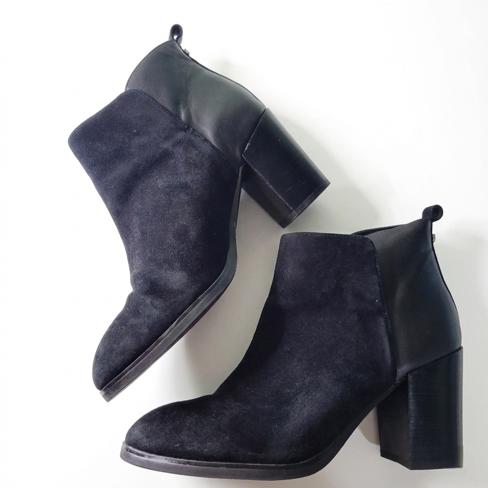 Lands End Black Suede Ankle Booties Womens 7.5 Silver Detail 3.5in Heel